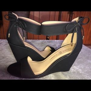 Black Wedge Sandals with Bow Ankle Detail